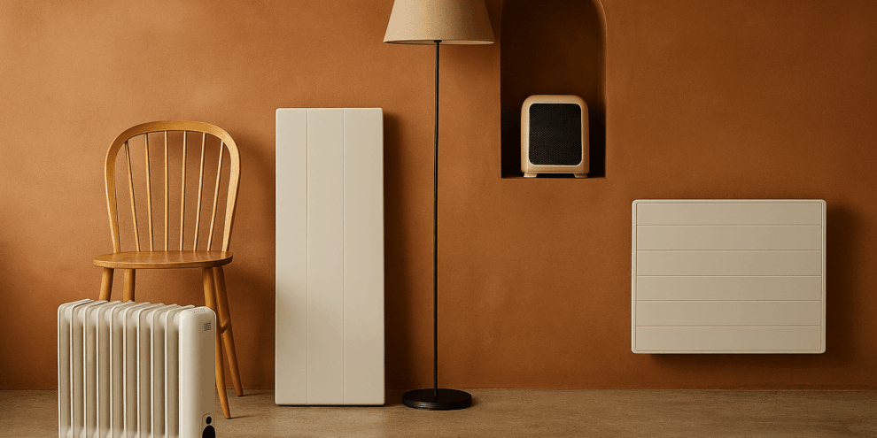 Différents types de radiateurs électriques présentés dans un intérieur moderne, illustrant un comparatif pour choisir le meilleur modèle.