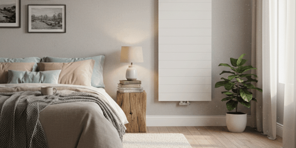 Radiateur électrique vertical installé dans une chambre moderne, illustrant le choix de la puissance selon la surface de la pièce.