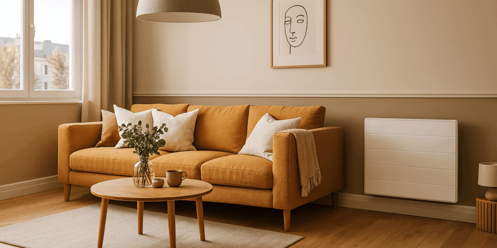 Radiateur à inertie mural installé dans un salon moderne, illustrant les avantages d’un chauffage performant et confortable.