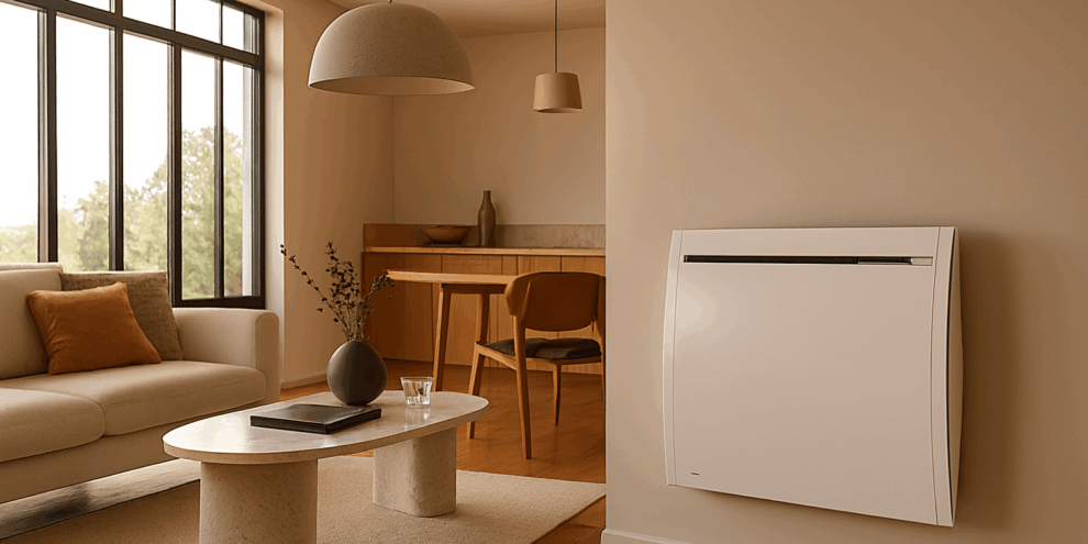 Radiateur mural dans un salon moderne illustrant le fonctionnement d’un radiateur double cœur et son intégration dans une pièce de vie.