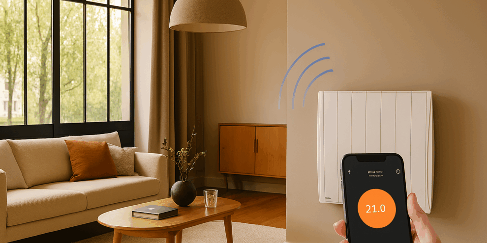 Radiateur électrique connecté piloté via smartphone dans un salon moderne, illustrant une solution de chauffage économique et intelligente.