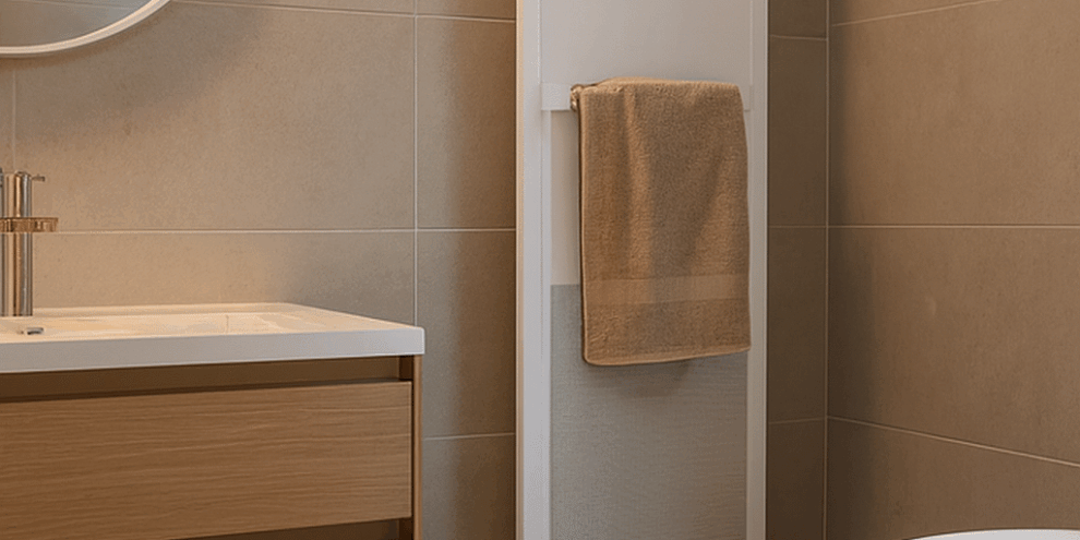 Radiateur rayonnant vertical installé dans une salle de bain moderne, illustrant les pièces idéales pour ce type de chauffage.