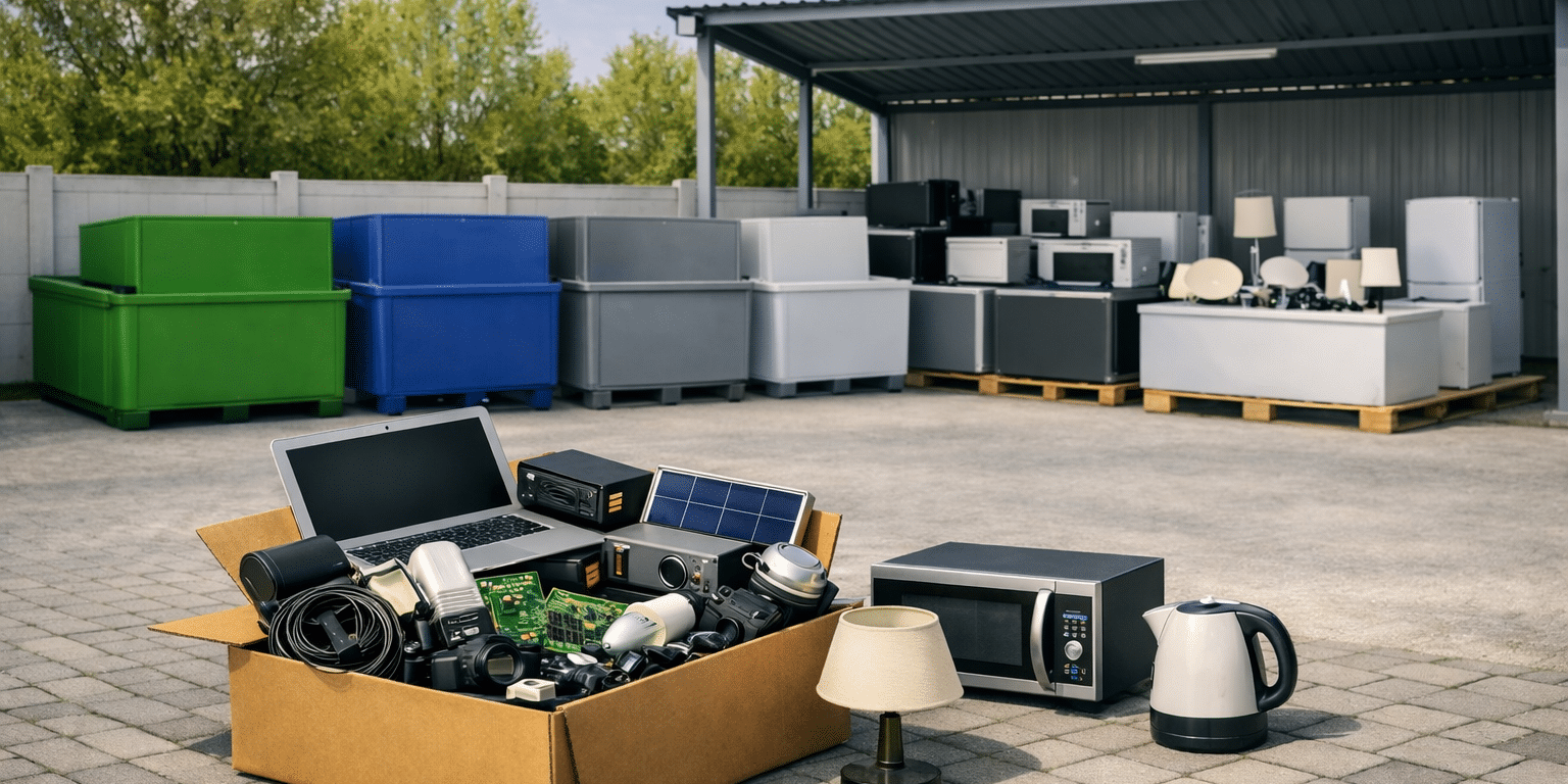 Centre de collecte pour le recyclage des équipements électriques et électroniques Déchets électroniques déposés dans un centre de collecte : ordinateurs, appareils électroménagers et équipements électriques destinés au recyclage pour particuliers et professionnels.